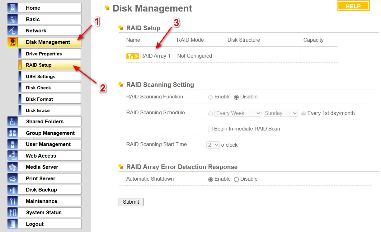 先点击左边的Disk Management，再点击左边的RAID Setup，最后点击中间RAID Setup下的RAID Array 1