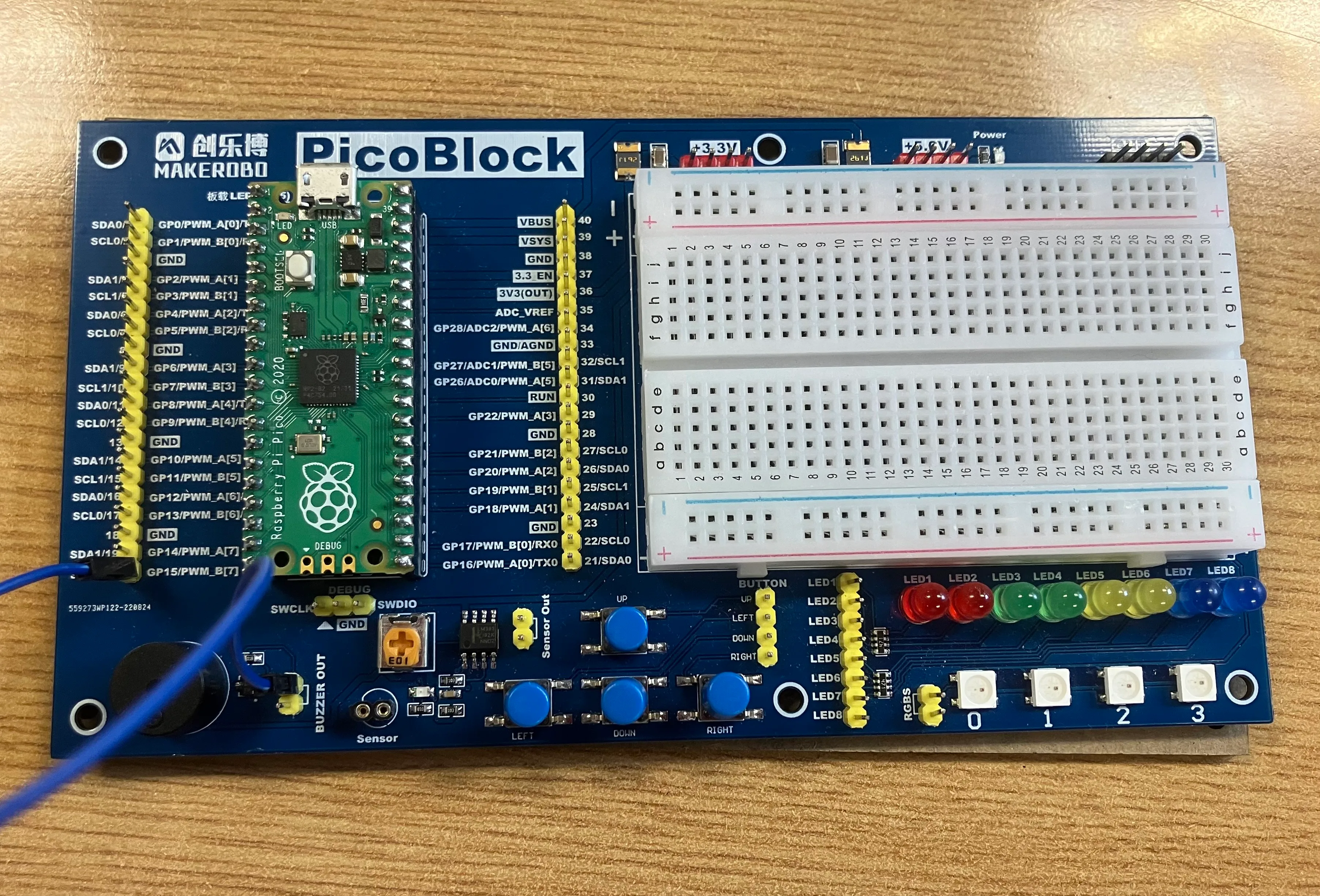 MAKEROBO PicoBlock expansion board, pre-soldered Raspberry Pi Pico Motherboard, breadboard, LED lights, arrow keys, active buzzer, sensors, etc.