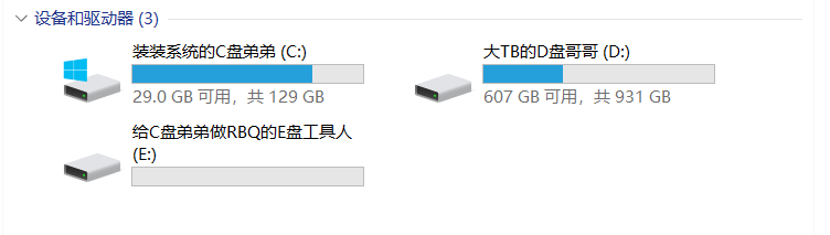 蓝色的C盘,28.6GB可用,共129GB
