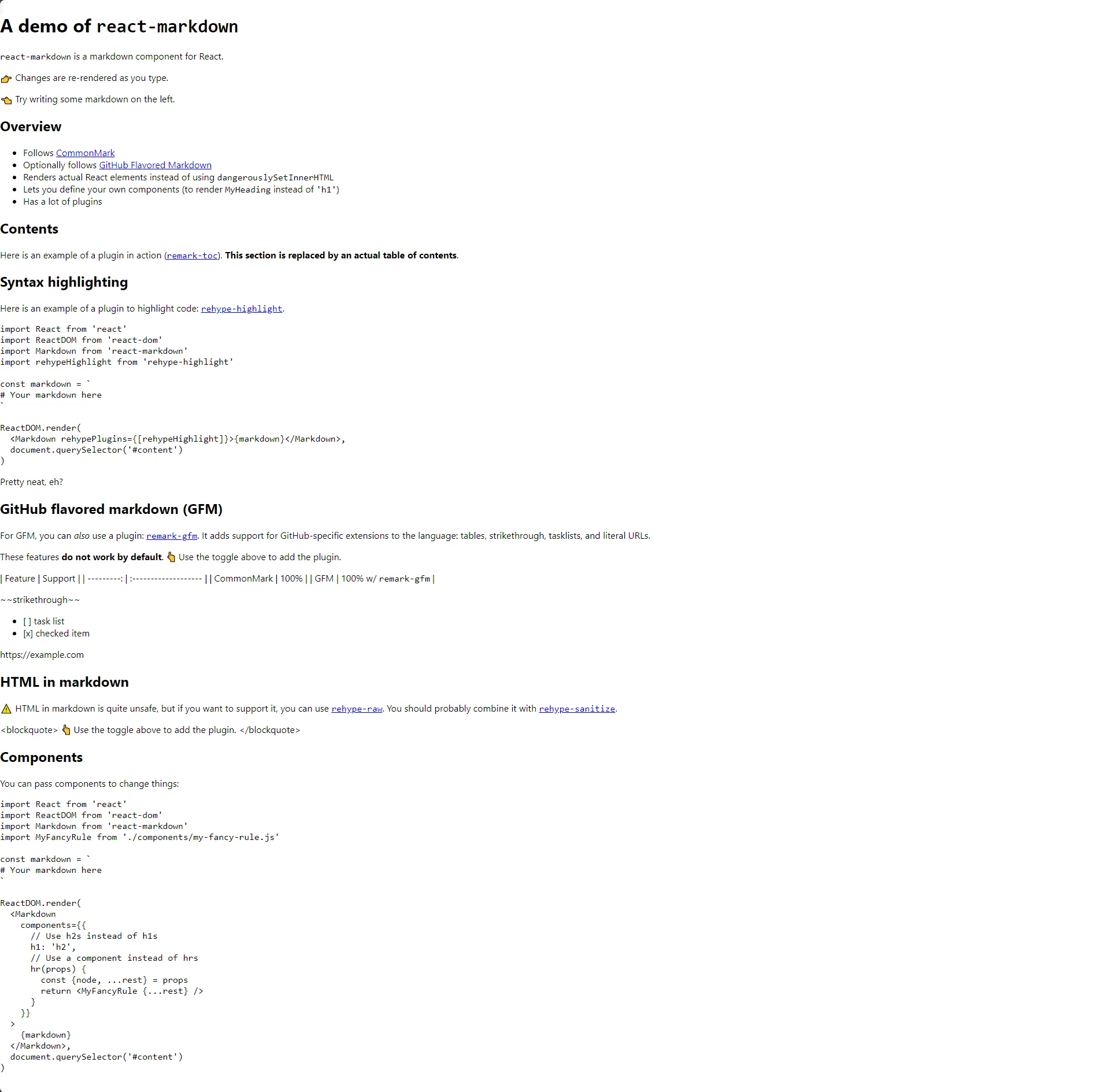 Rendered Markdown without table, task lists, and strikethrough